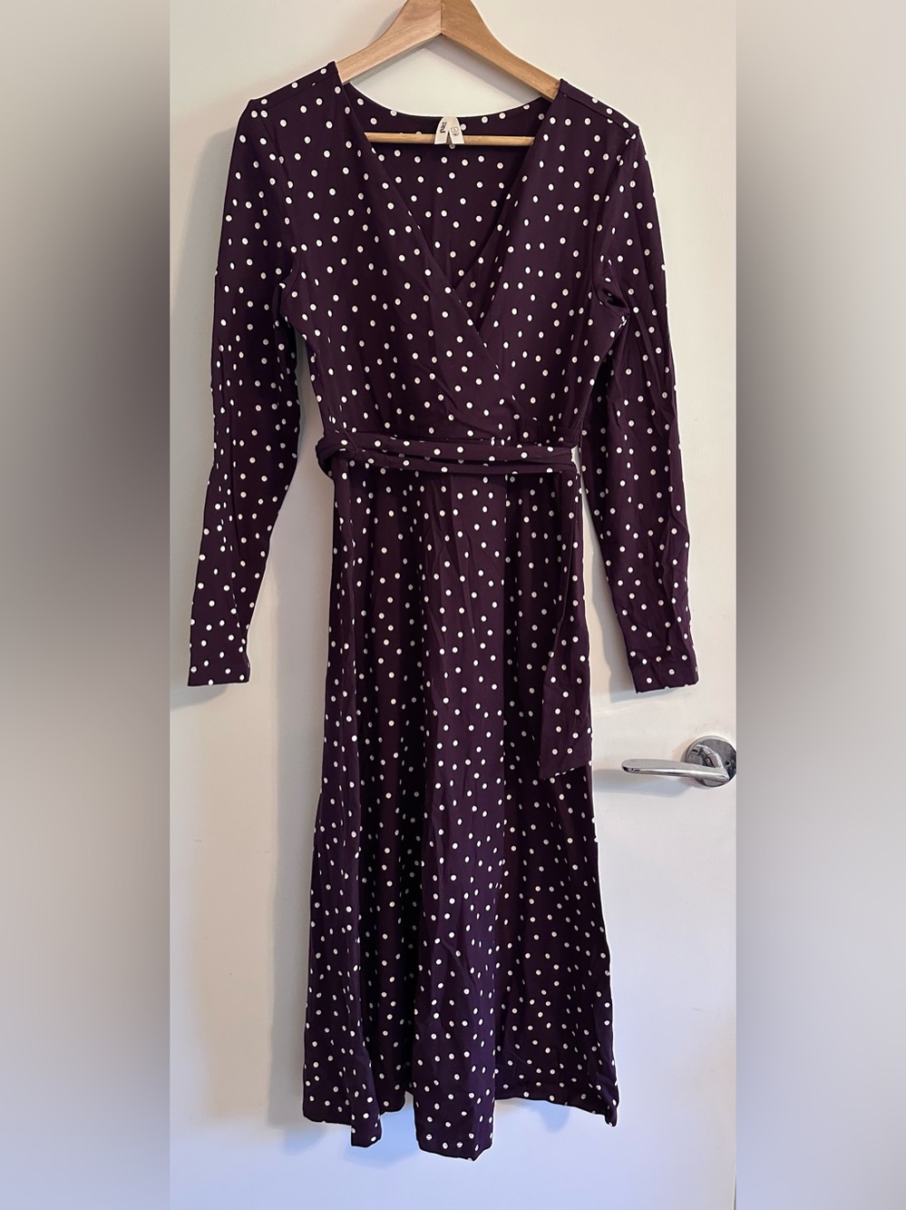 PACT Fit & Flare Wrap Dress Polka Dot Aubergine & White Large